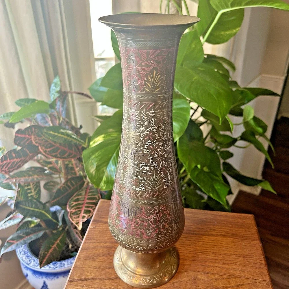 VTG Etched 14 inch Indian Brass Vase Colored Inlay Botanical Pattern Boho MCM